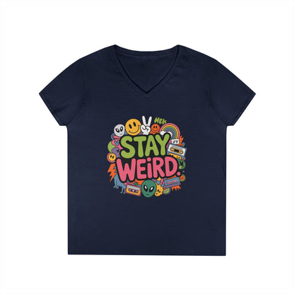 Stay Weird Retro Smiley Collage V-Neck T-Shirt for Women | TEEZOCA 