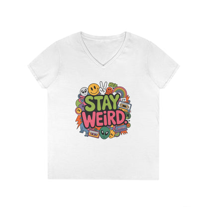 Stay Weird Retro Smiley Collage V-Neck T-Shirt for Women | TEEZOCA 