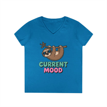 Cute Sloth Graphic V-Neck T-Shirt for Women with Chill Current Mood Vibes | TEEZOCA 