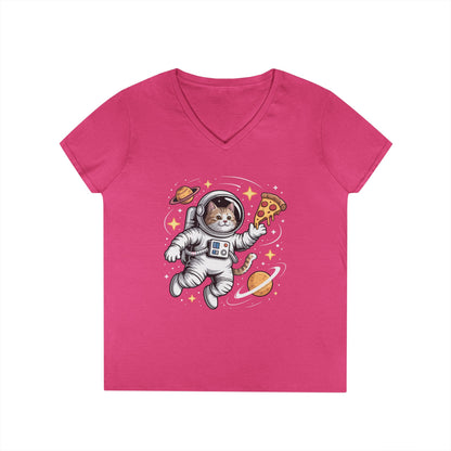 Astronaut Cat Pizza Space Vibes V-Neck T-Shirt for Women | TEEZOCA 