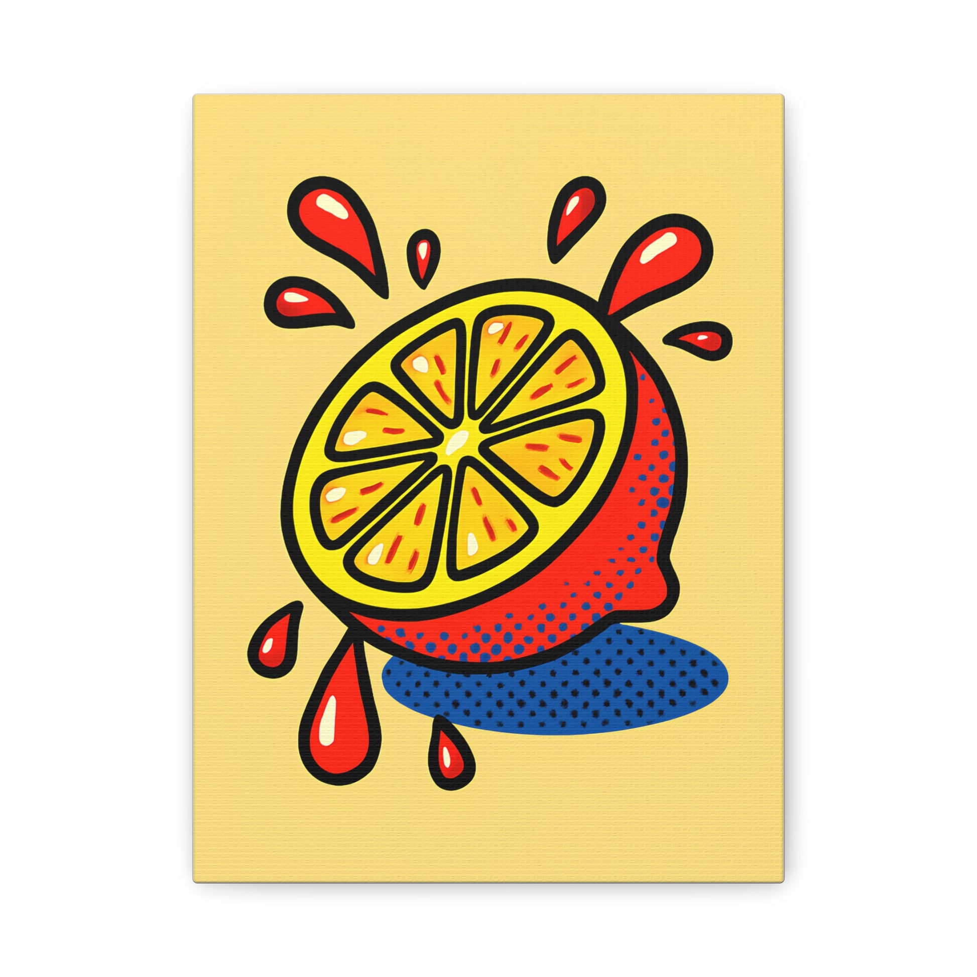 TEEZOCA pop art lemon slice canvas wall art with colorful juice drops shown close up