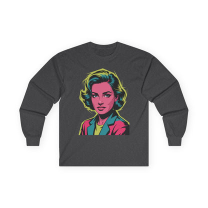 TEEZOCA pop art neon portrait design on unisex long-sleeve t-shirt Dark gray long-sleeve shirt with a colorful graphic of a woman's face on a white background