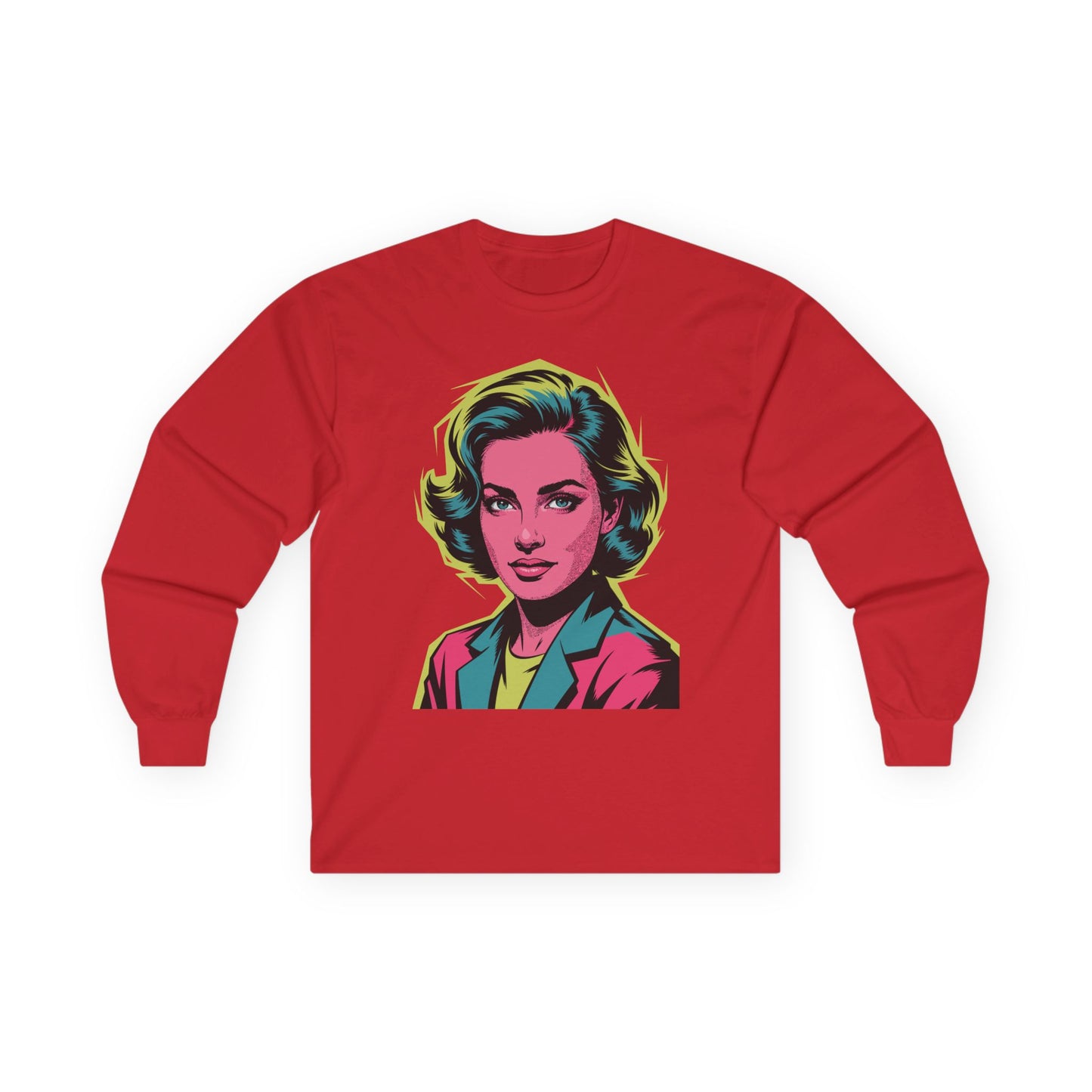 TEEZOCA pop art neon portrait design on unisex long-sleeve t-shirt Red long-sleeve shirt with a colorful graphic of a woman's face on a white background