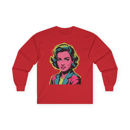 TEEZOCA pop art neon portrait design on unisex long-sleeve t-shirt Red long-sleeve shirt with a colorful graphic of a woman's face on a white background