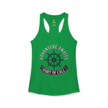 TEEZOCA port of call adventure women’s tank top maritime graphic Green tank top with 'Adventure Awaits Port of Call' design on a white background