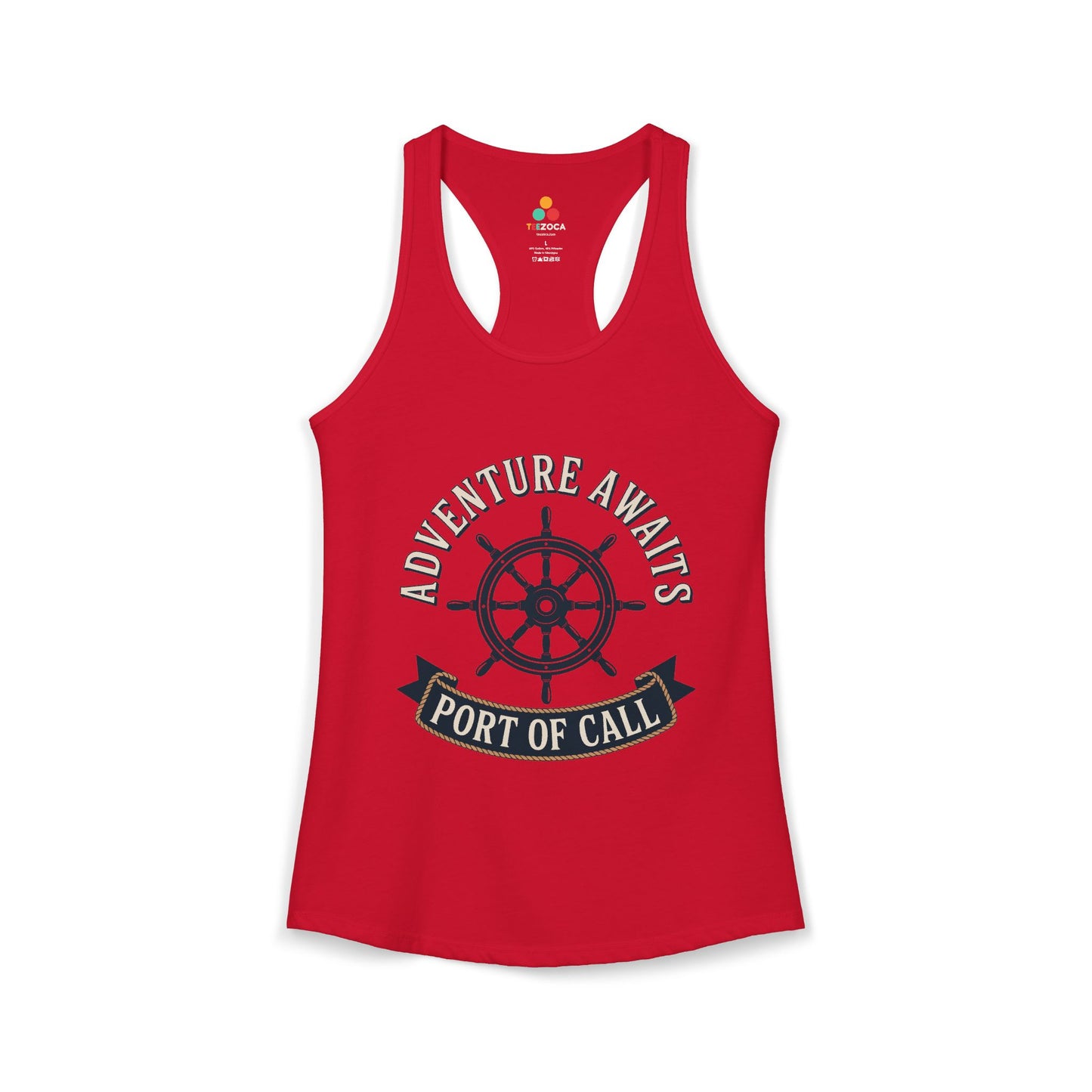 TEEZOCA port of call adventure women’s tank top maritime graphic Red tank top with 'Adventure Awaits Port of Call' text and ship wheel graphic on a white background