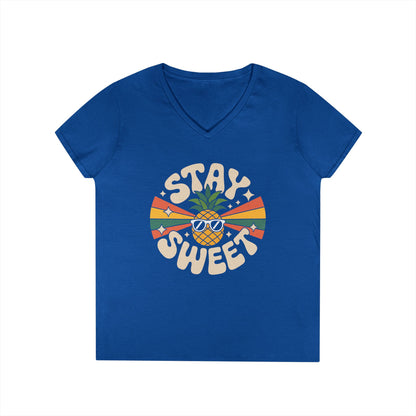 Stay Sweet Pineapple V-Neck T-Shirt for Women Retro Summer Vibes Style | TEEZOCA 