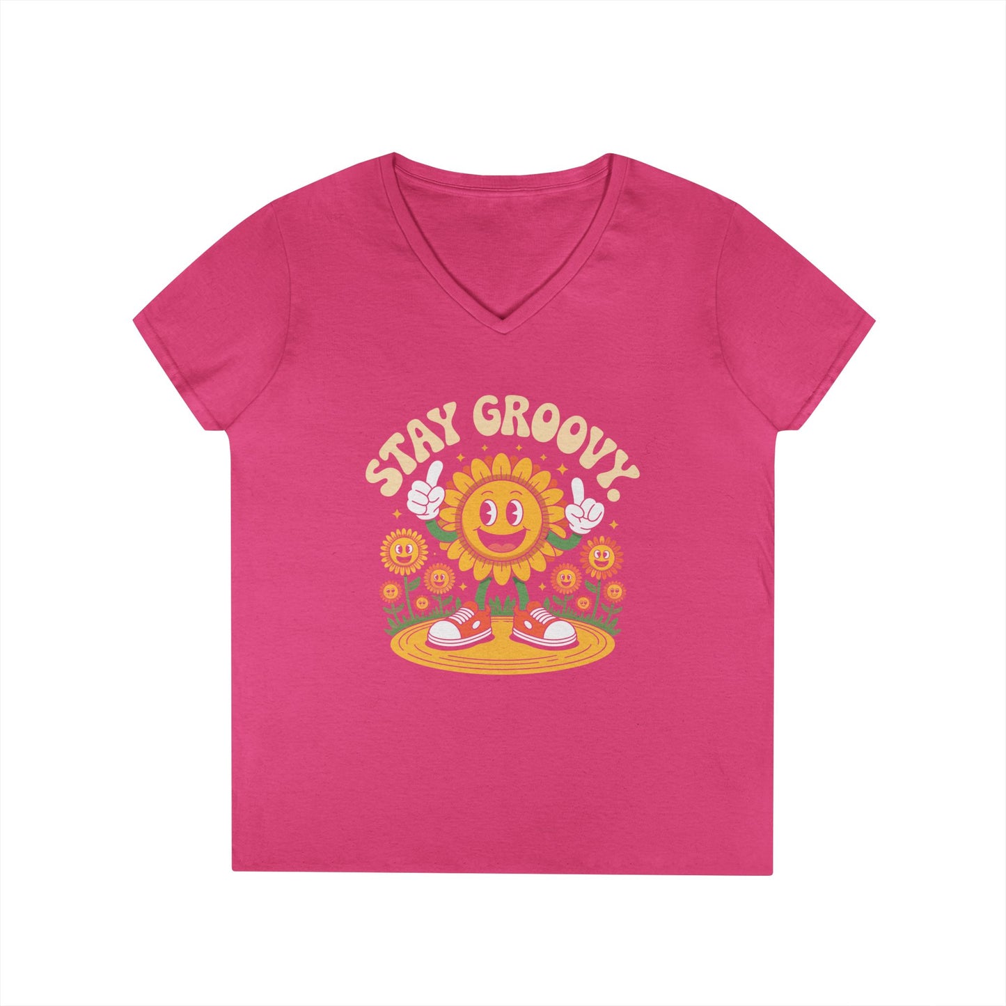 Stay Groovy Smiling Sunflower Graphic V-Neck T-Shirt for Women | TEEZOCA 