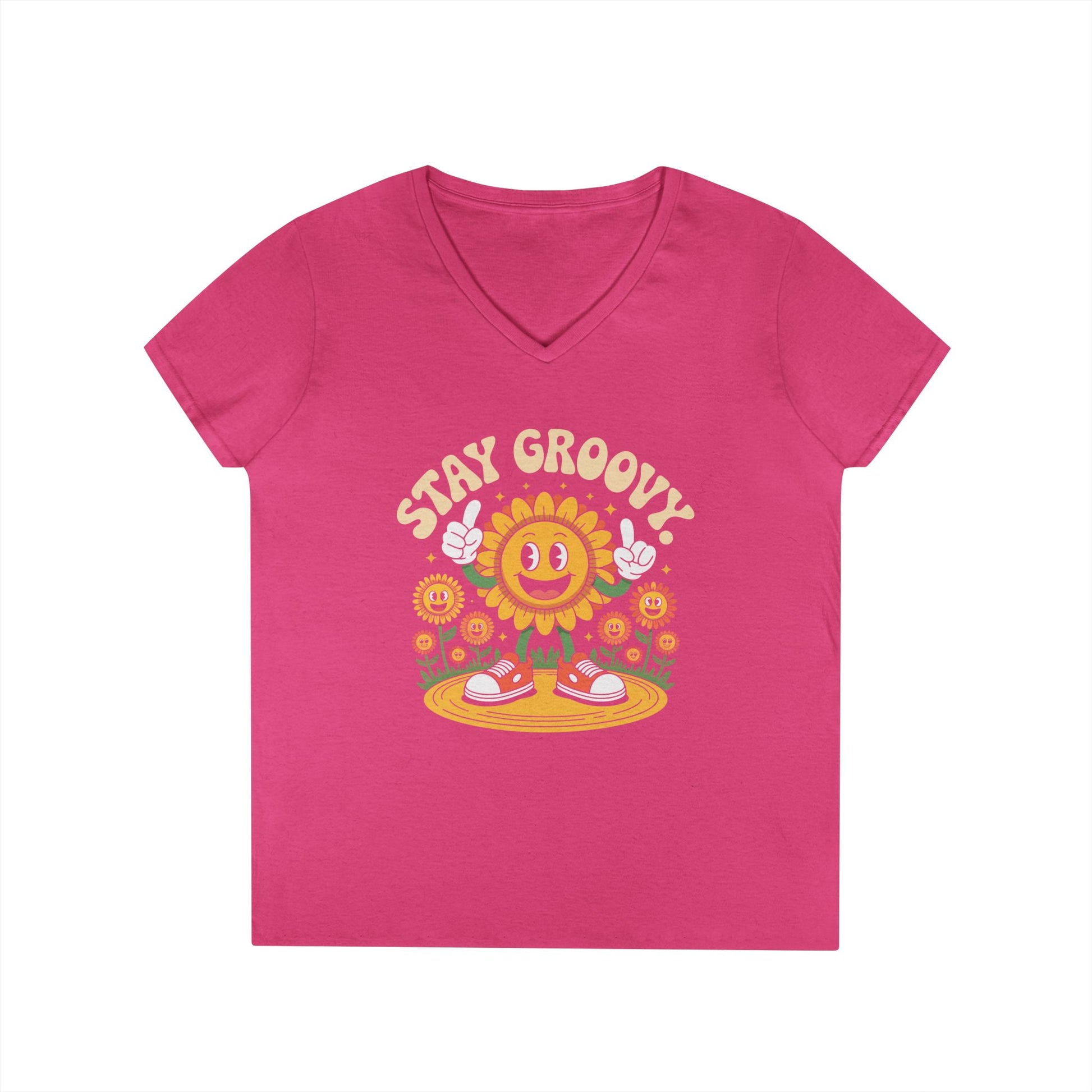 Stay Groovy Smiling Sunflower Graphic V-Neck T-Shirt for Women | TEEZOCA 