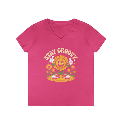 Stay Groovy Smiling Sunflower Graphic V-Neck T-Shirt for Women | TEEZOCA 