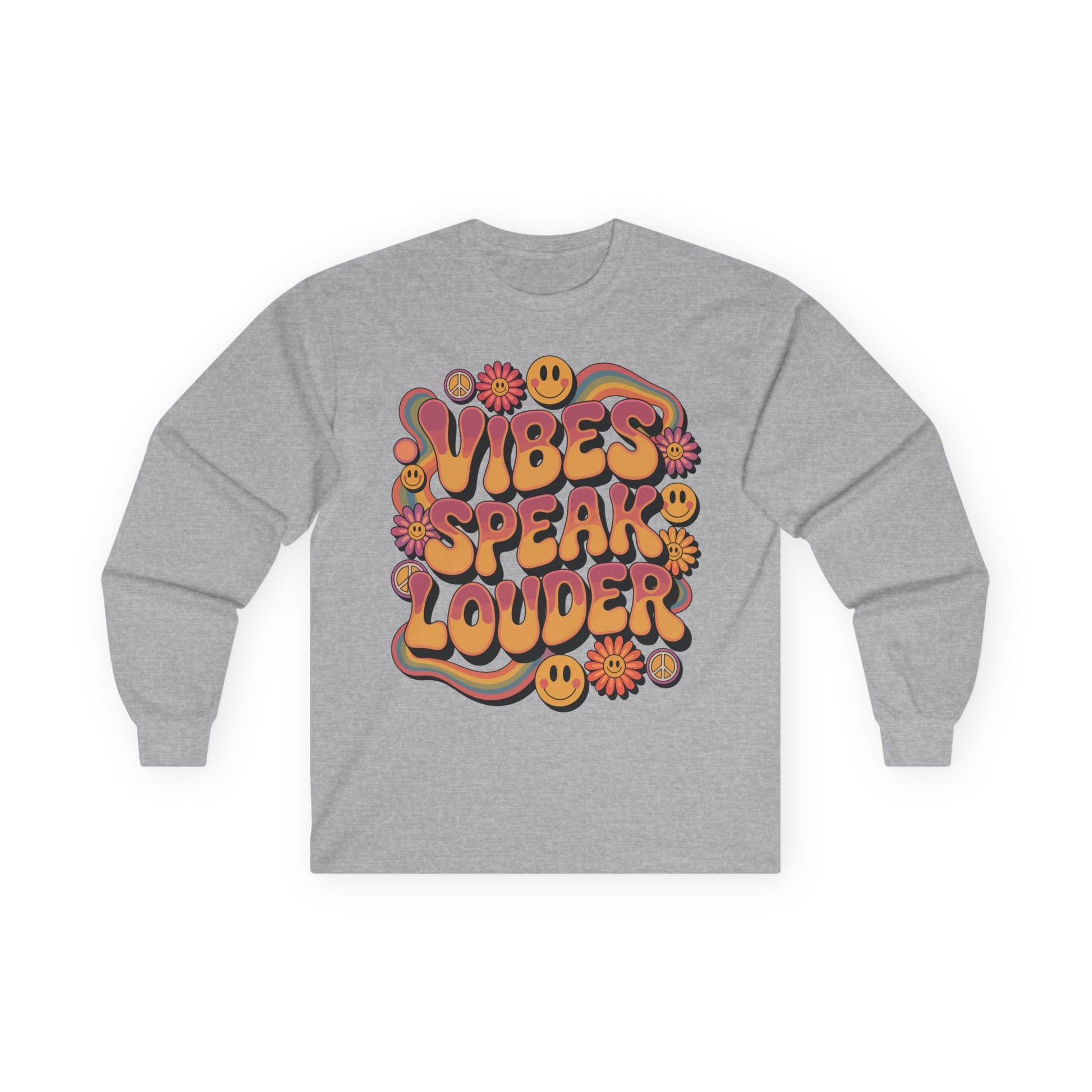 TEEZOCA positive vibes typography on unisex long-sleeve t-shirt Gray sweatshirt with colorful 'Vibes Speak Louder' text design on a white background