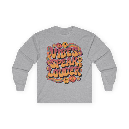 TEEZOCA positive vibes typography on unisex long-sleeve t-shirt Gray sweatshirt with colorful 'Vibes Speak Louder' text design on a white background