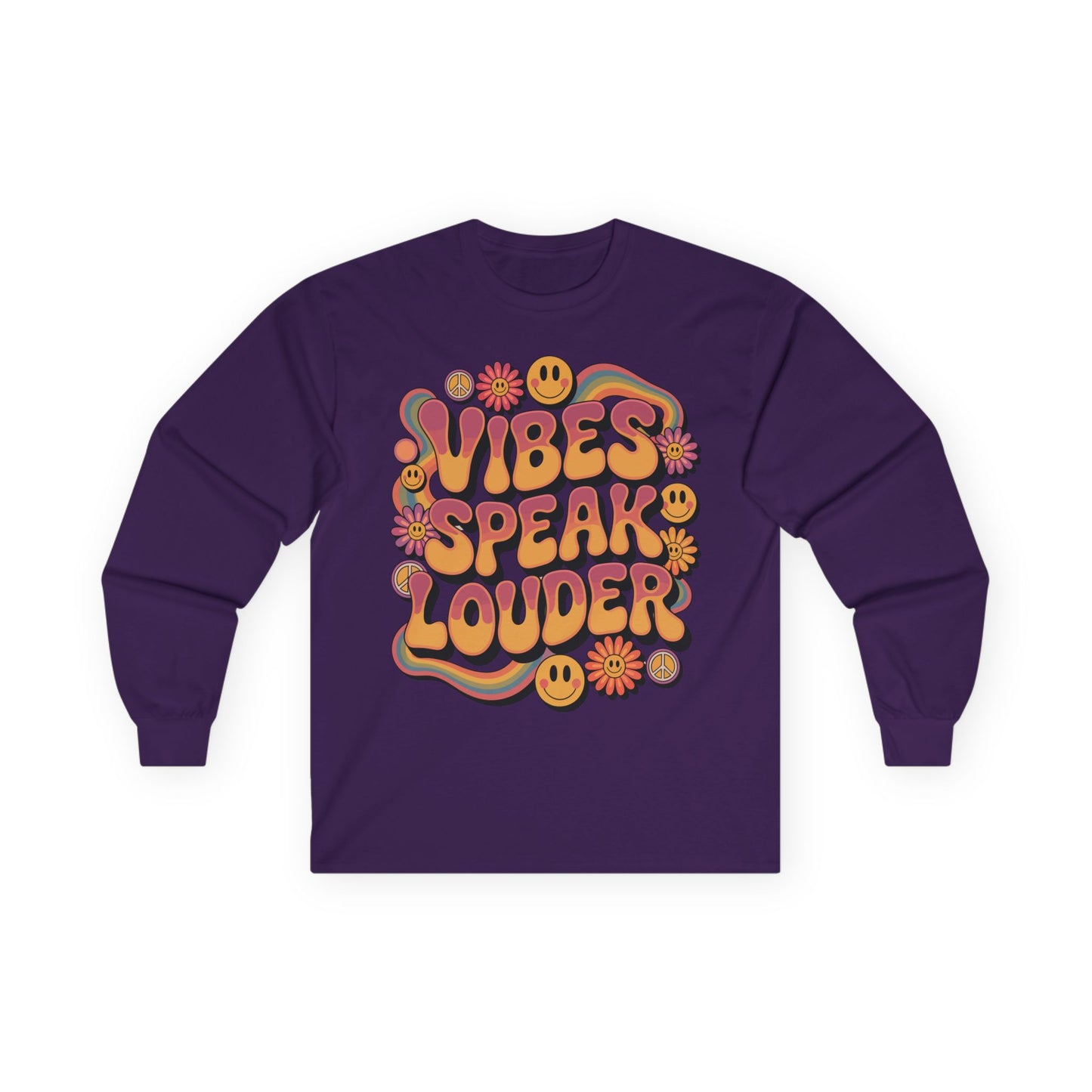 TEEZOCA positive vibes typography on unisex long-sleeve t-shirt Purple long-sleeve shirt with colorful 'Vibes Speak Louder' text design on a white background