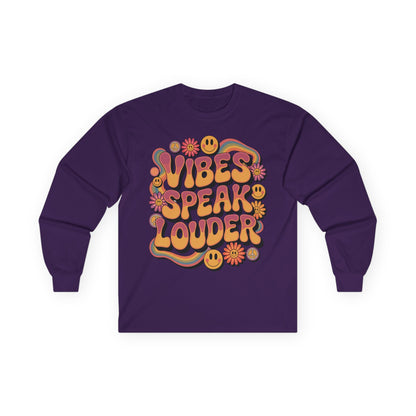 TEEZOCA positive vibes typography on unisex long-sleeve t-shirt Purple long-sleeve shirt with colorful 'Vibes Speak Louder' text design on a white background