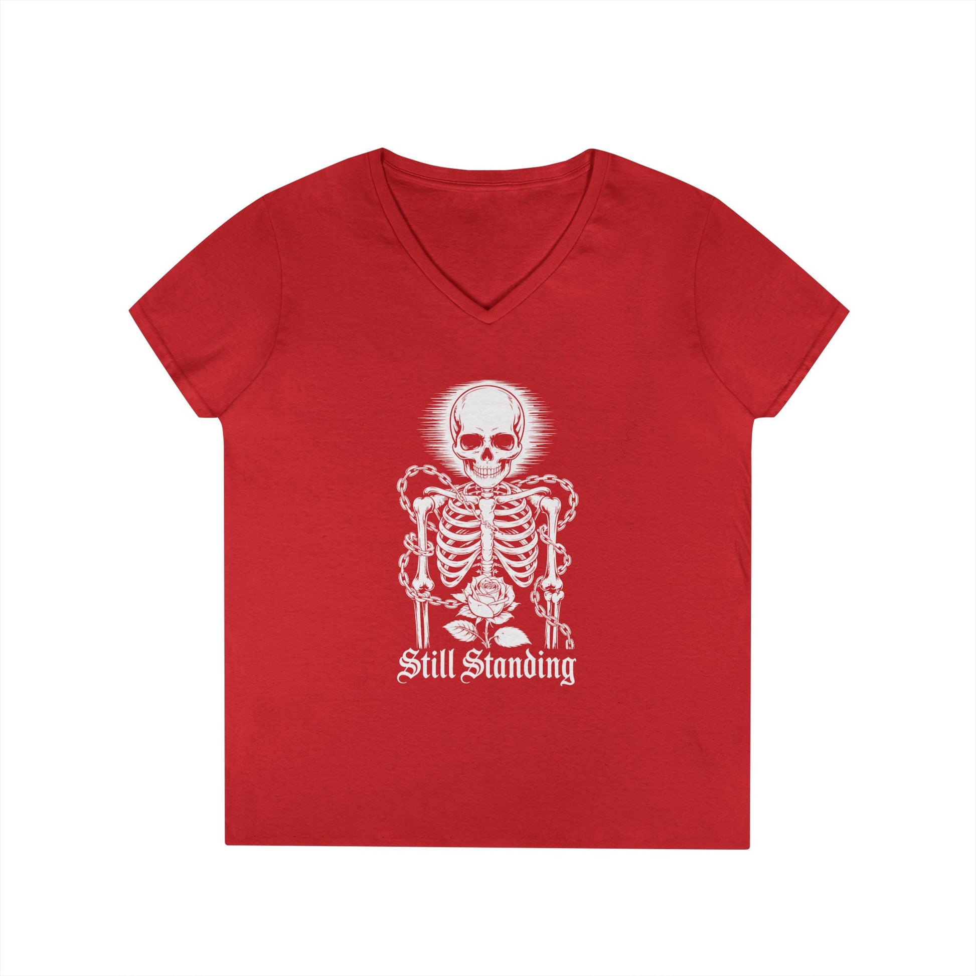 Still Standing Skeleton Rose Graphic V-Neck T-Shirt for Women | TEEZOCA 