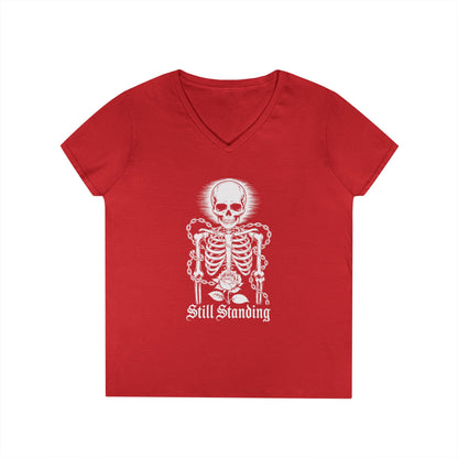 Still Standing Skeleton Rose Graphic V-Neck T-Shirt for Women | TEEZOCA 