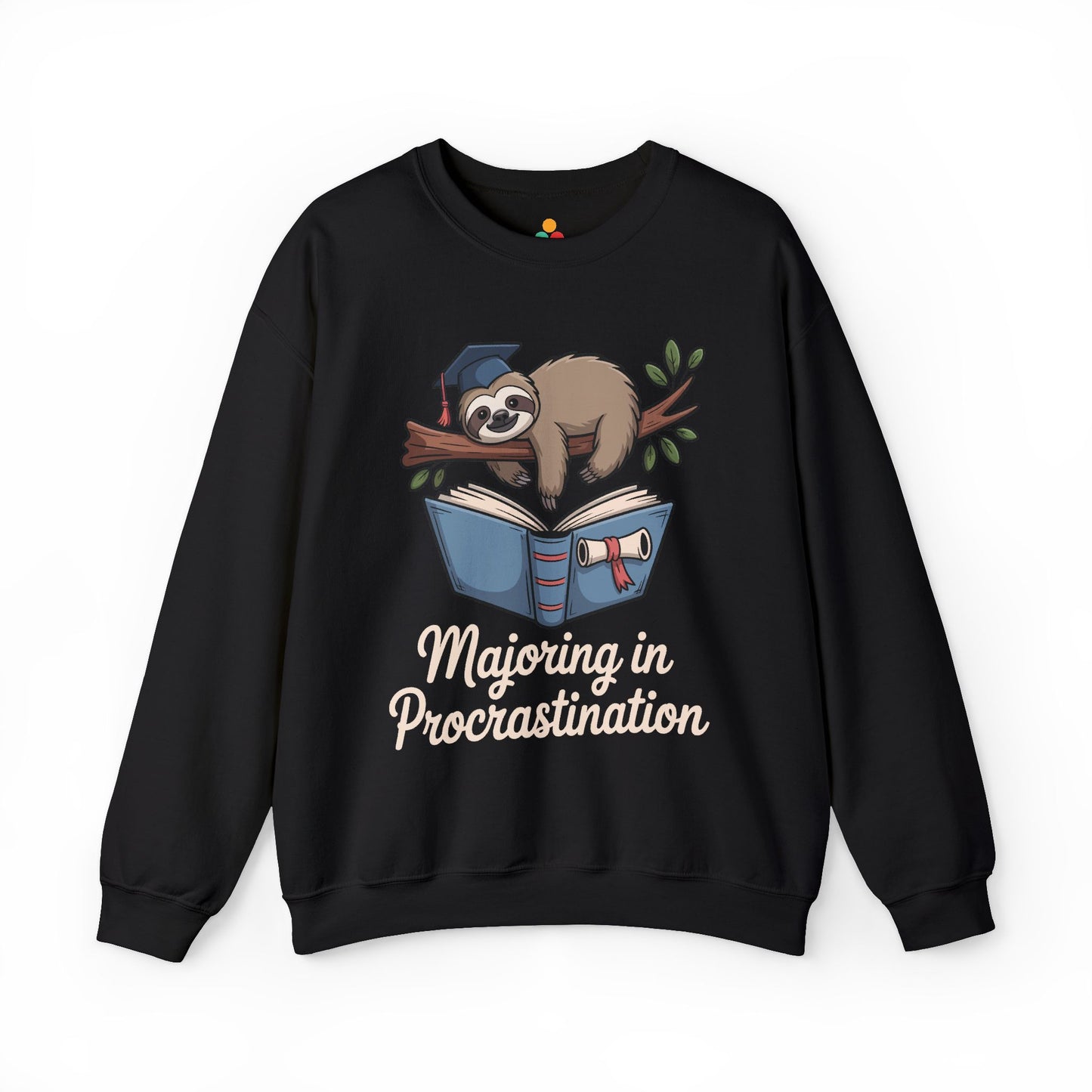 TEEZOCA procrastination sweatshirt with funny sloth graduation student design Black sweatshirt with a sloth graphic and 'Majoring in Procrastination' text on a white background