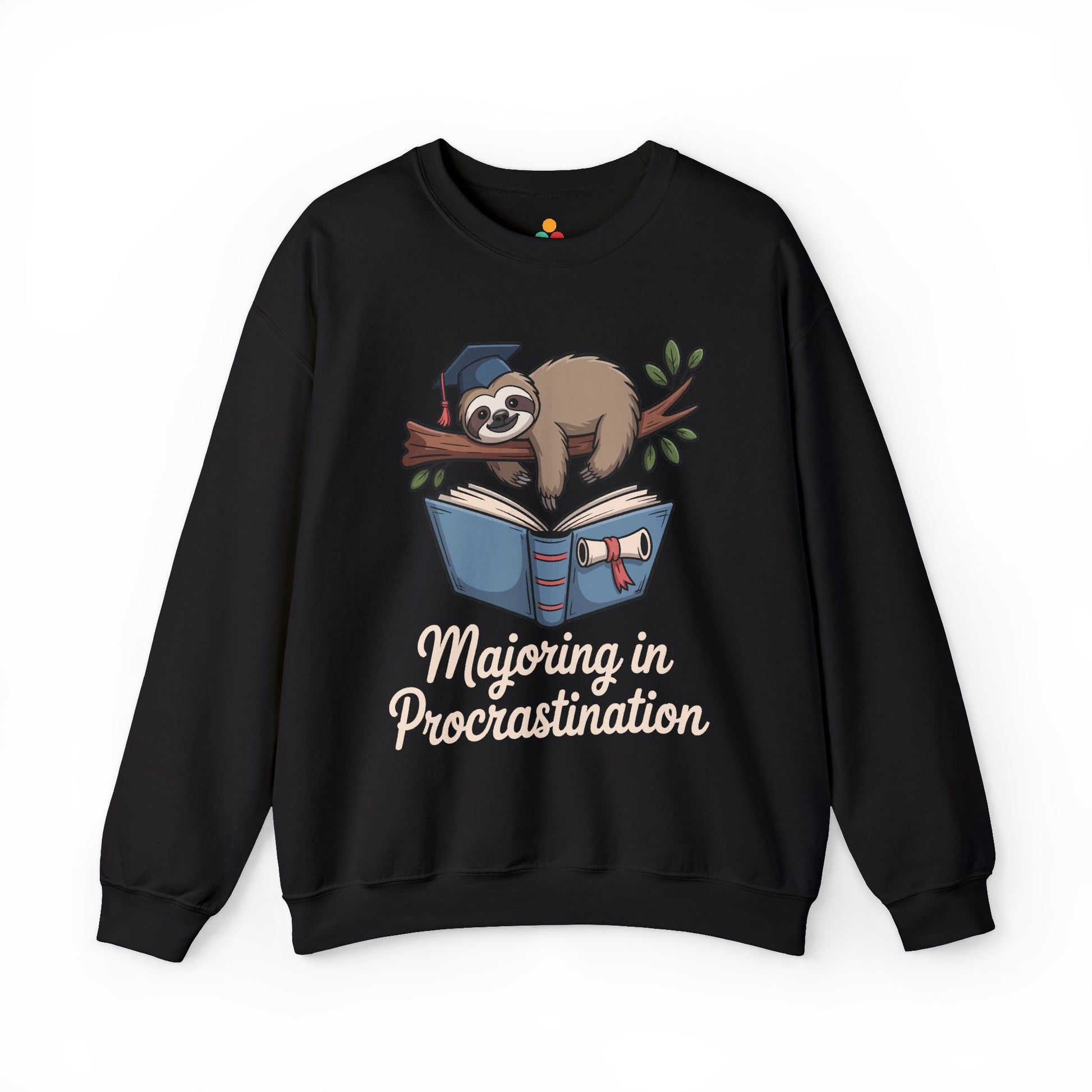 TEEZOCA procrastination sweatshirt with funny sloth graduation student design Black sweatshirt with a sloth graphic and 'Majoring in Procrastination' text on a white background