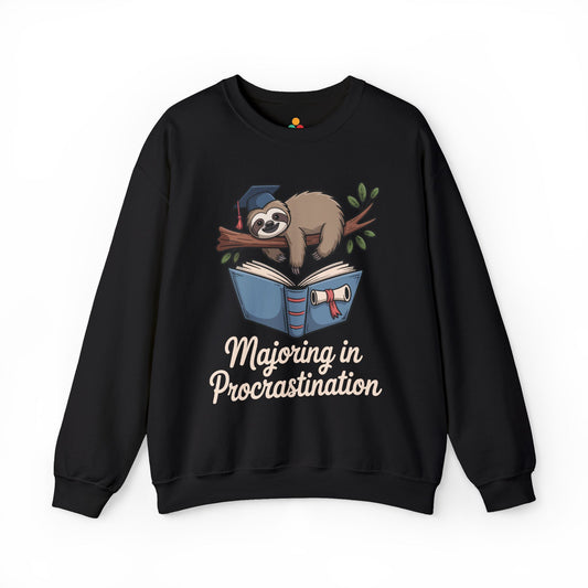 TEEZOCA procrastination sweatshirt with funny sloth graduation student design Black sweatshirt with a sloth graphic and 'Majoring in Procrastination' text on a white background