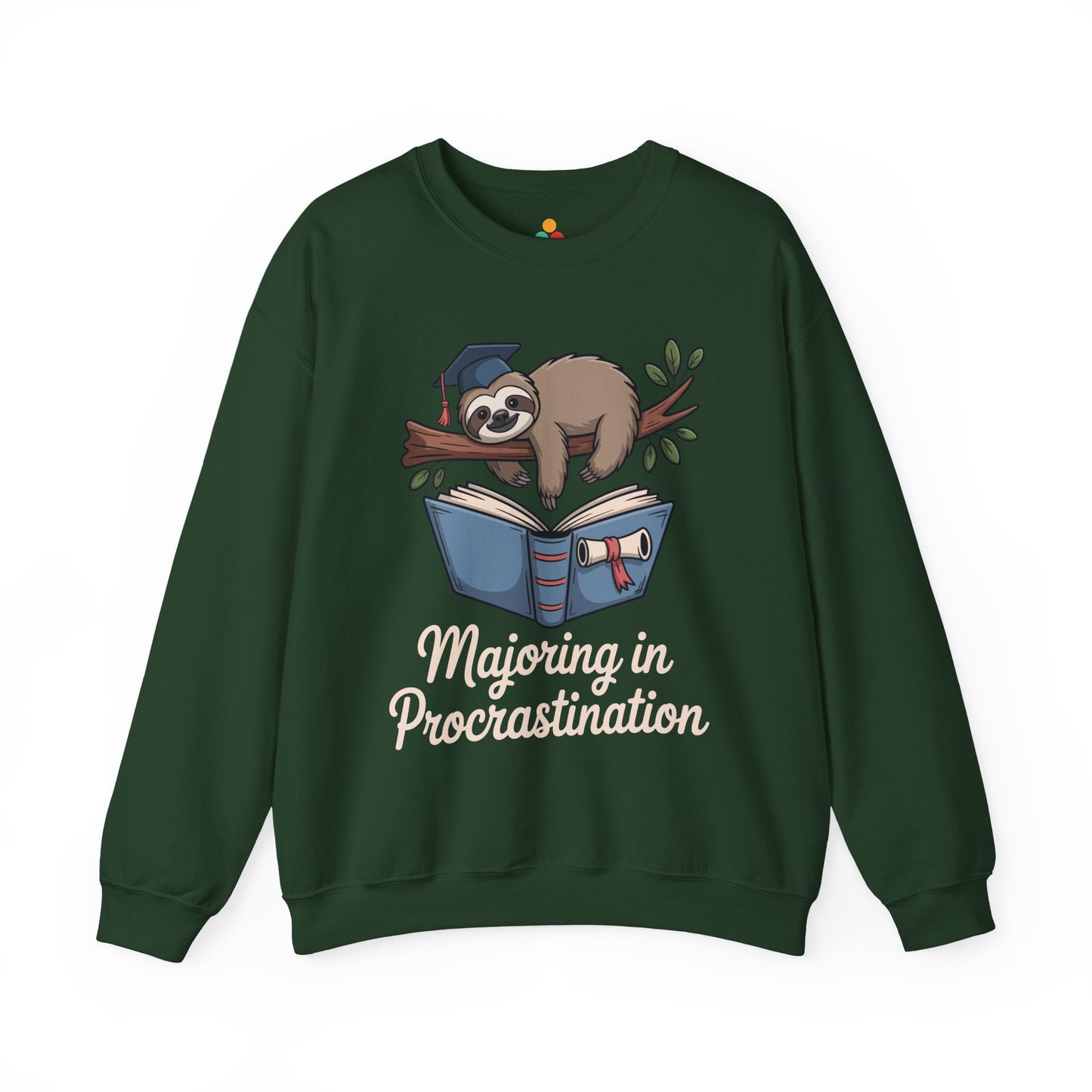 TEEZOCA procrastination sweatshirt with funny sloth graduation student design Green sweatshirt with a sloth illustration and text 'Majoring in Procrastination' on a white background