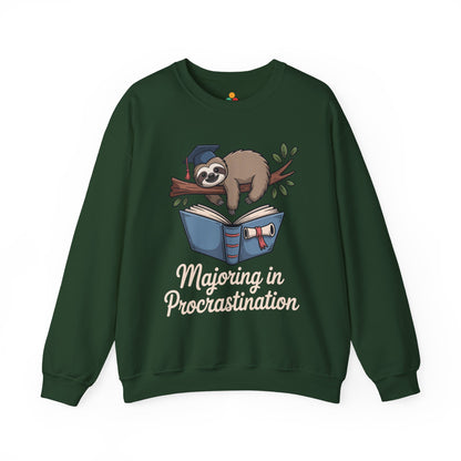 TEEZOCA procrastination sweatshirt with funny sloth graduation student design Green sweatshirt with a sloth illustration and text 'Majoring in Procrastination' on a white background