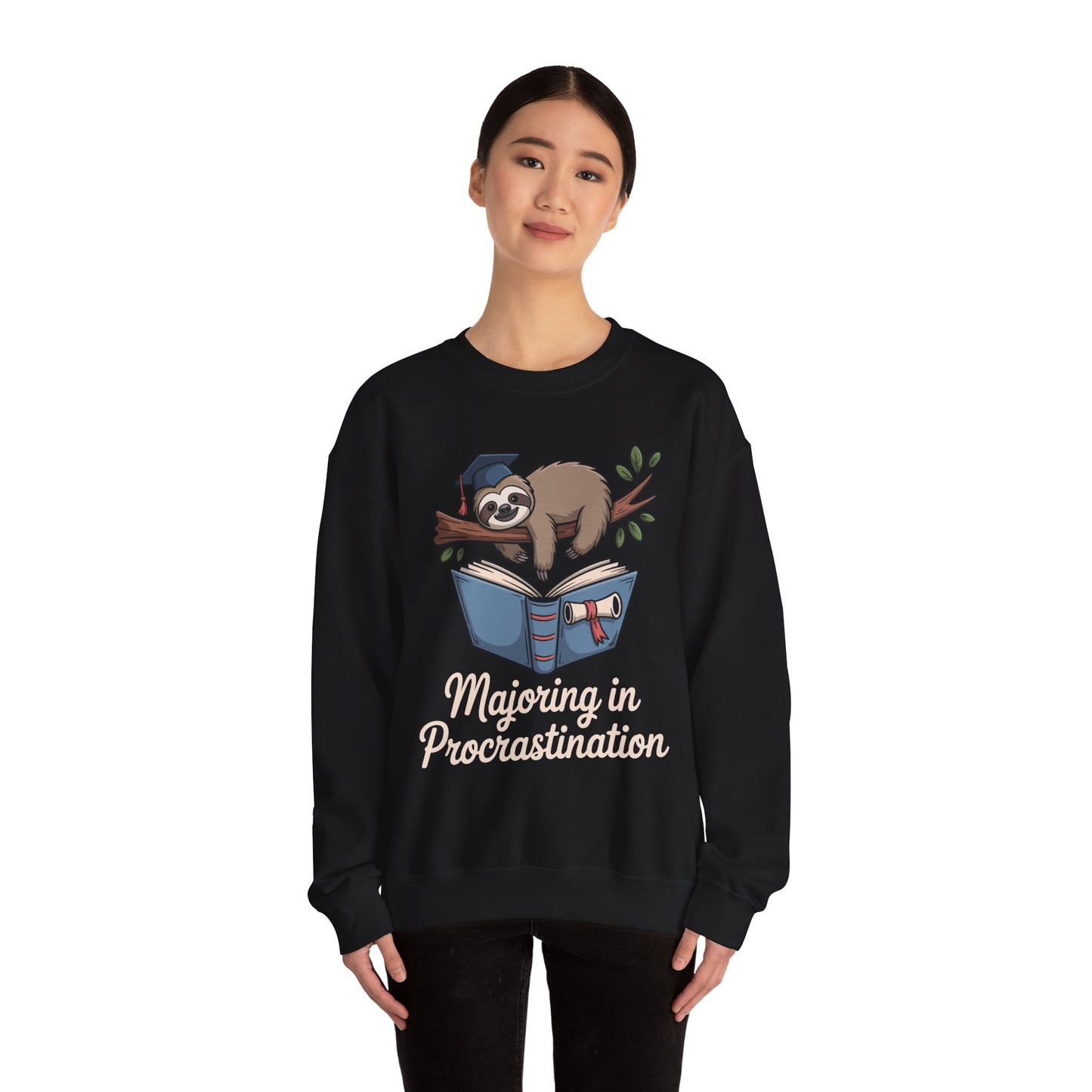 TEEZOCA procrastination sweatshirt with funny sloth graduation student design Person wearing a black sweatshirt with a sloth and book graphic and 'Majoring in Procrastination' text.