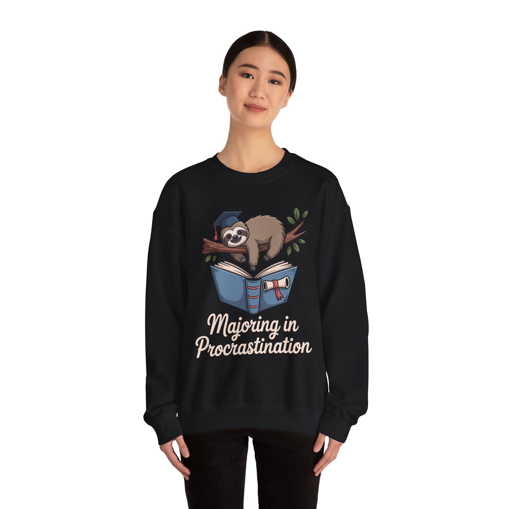 TEEZOCA procrastination sweatshirt with funny sloth graduation student design Person wearing a black sweatshirt with a sloth and book graphic and 'Majoring in Procrastination' text.