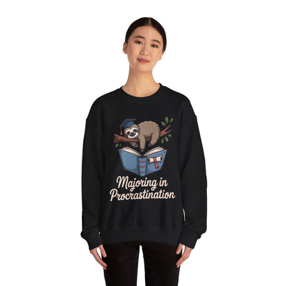 TEEZOCA procrastination sweatshirt with funny sloth graduation student design Person wearing a black sweatshirt with a sloth and book graphic and 'Majoring in Procrastination' text.