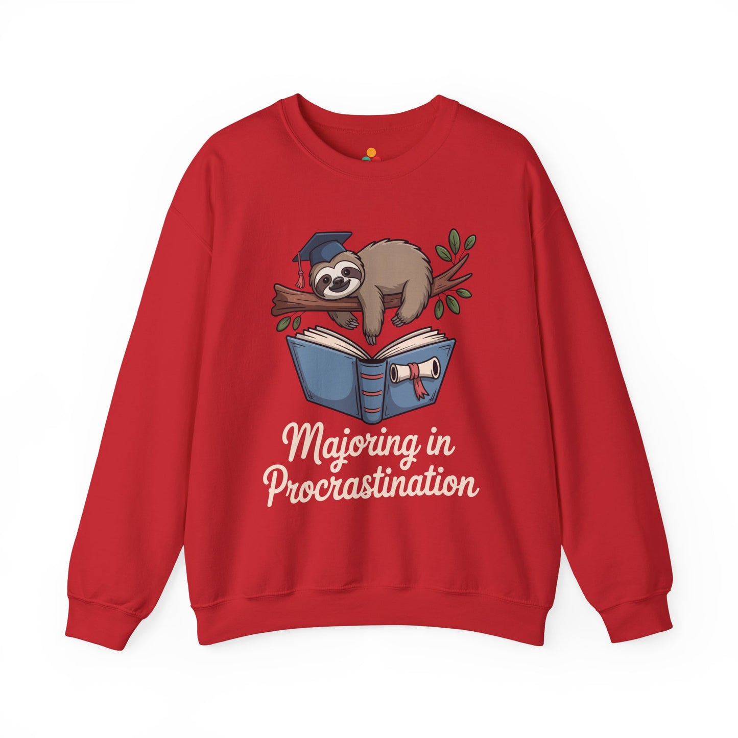 TEEZOCA procrastination sweatshirt with funny sloth graduation student design Red sweatshirt with a sloth reading a book graphic and 'Majoring in Procrastination' text on a white background