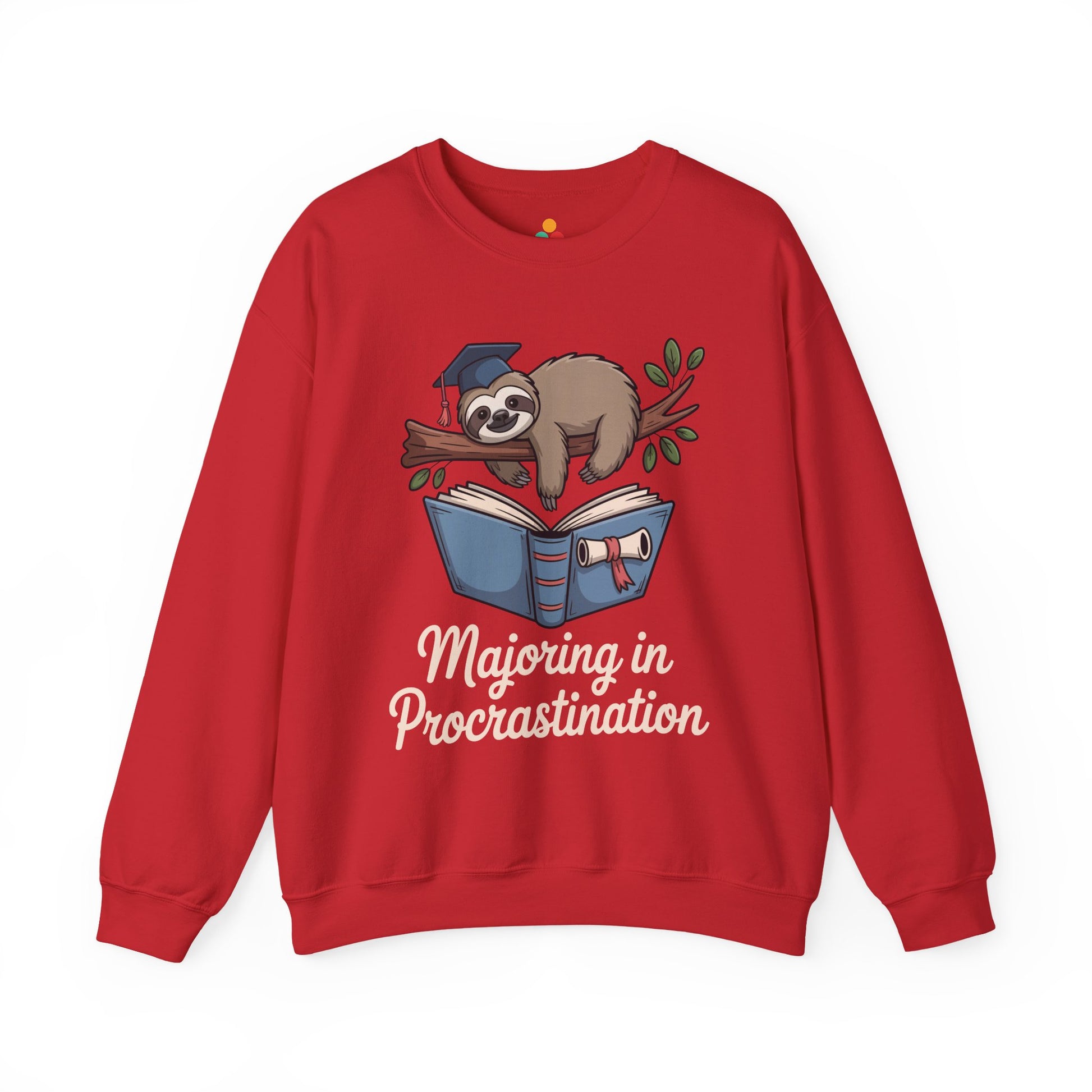 TEEZOCA procrastination sweatshirt with funny sloth graduation student design Red sweatshirt with a sloth reading a book graphic and 'Majoring in Procrastination' text on a white background