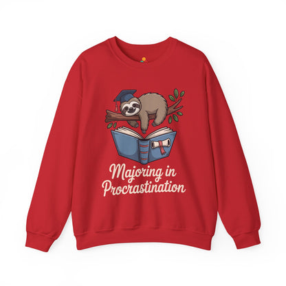 TEEZOCA procrastination sweatshirt with funny sloth graduation student design Red sweatshirt with a sloth reading a book graphic and 'Majoring in Procrastination' text on a white background