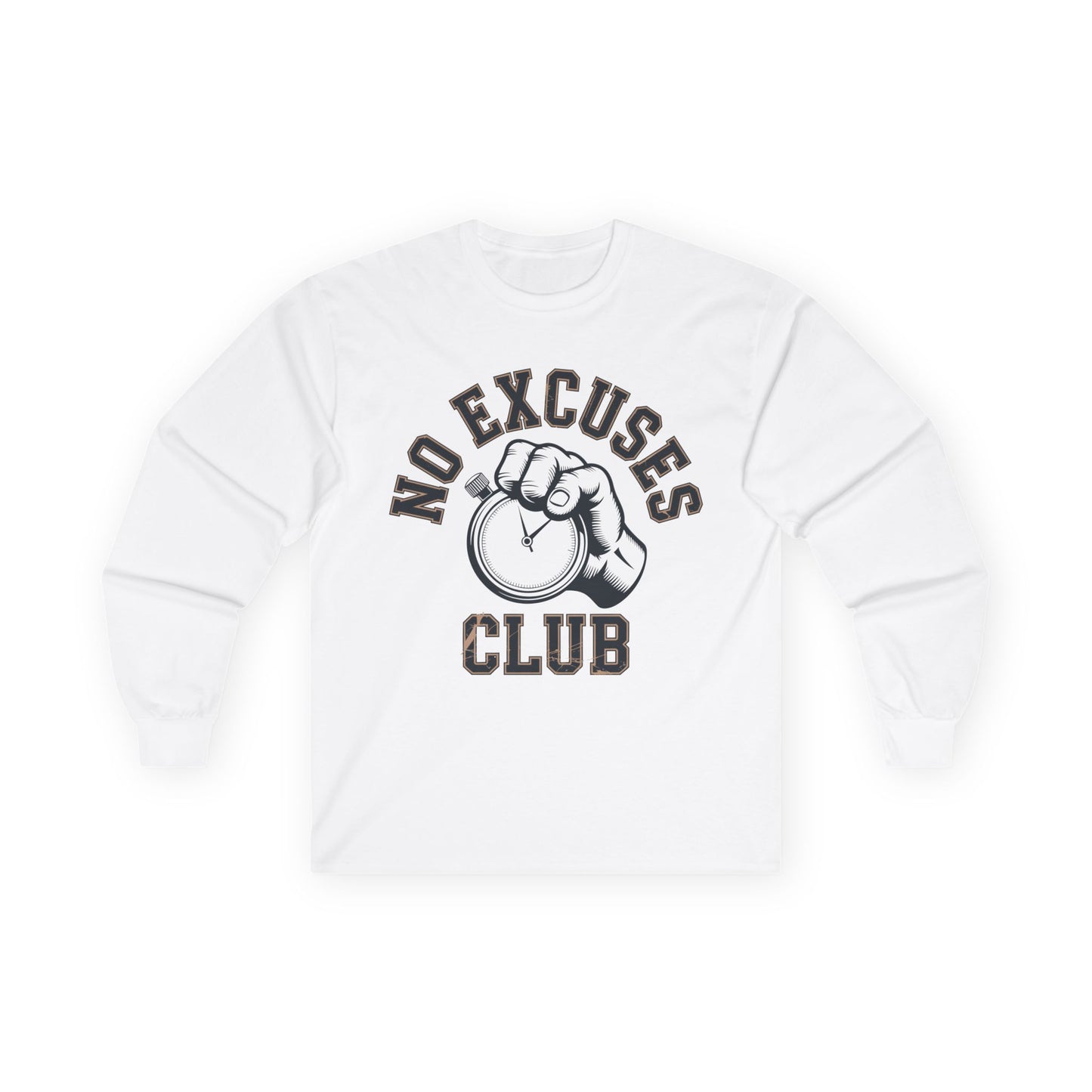 TEEZOCA productivity themed graphic long-sleeve t-shirt White sweatshirt with 'No Excuses Club' text and fist graphic on a white background