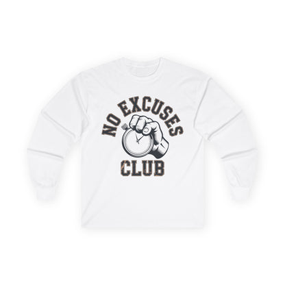 TEEZOCA productivity themed graphic long-sleeve t-shirt White sweatshirt with 'No Excuses Club' text and fist graphic on a white background
