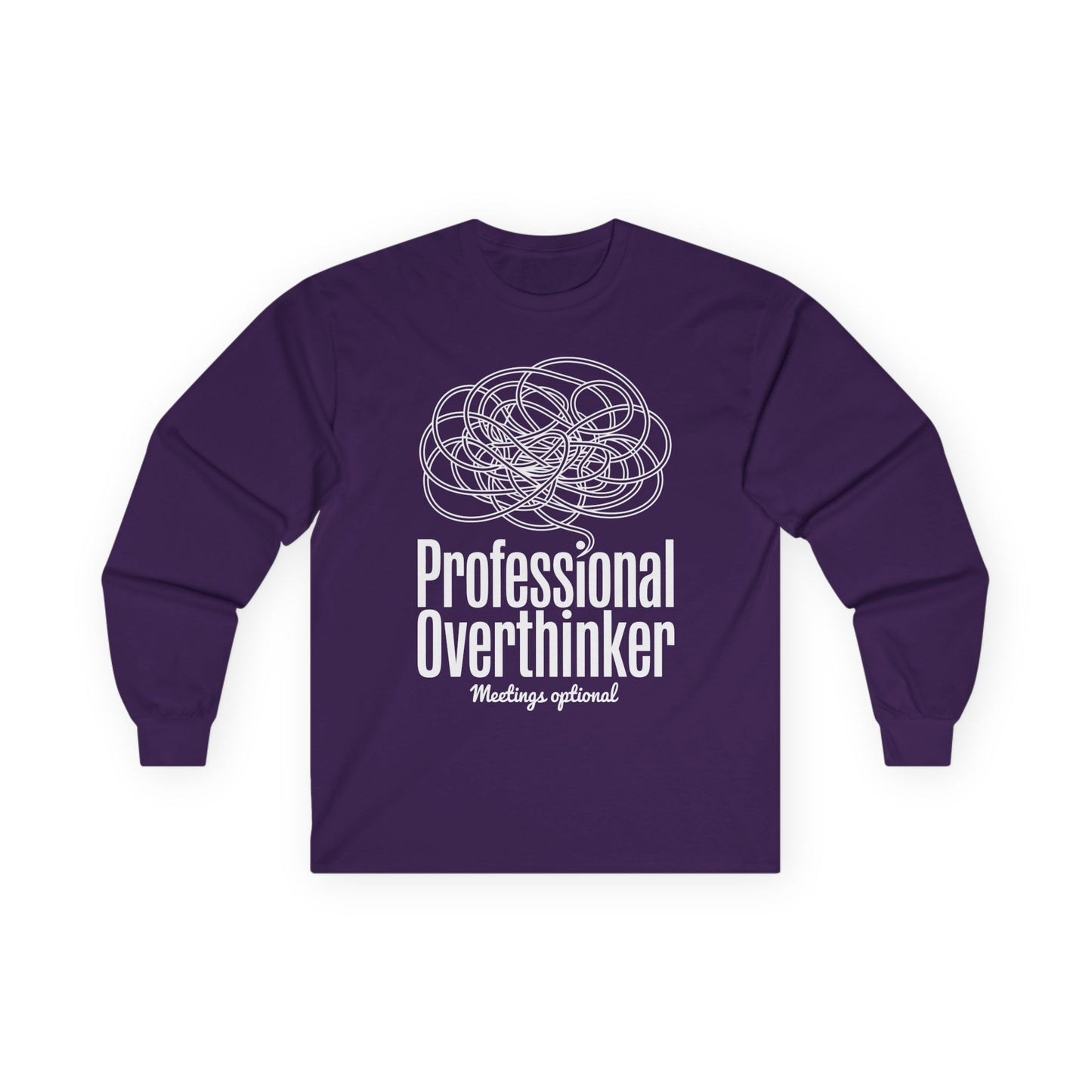 TEEZOCA professional overthinker funny unisex long-sleeve t-shirt Purple long-sleeve shirt with 'Professional Overthinker Meetings Optional' text and abstract design on a white background