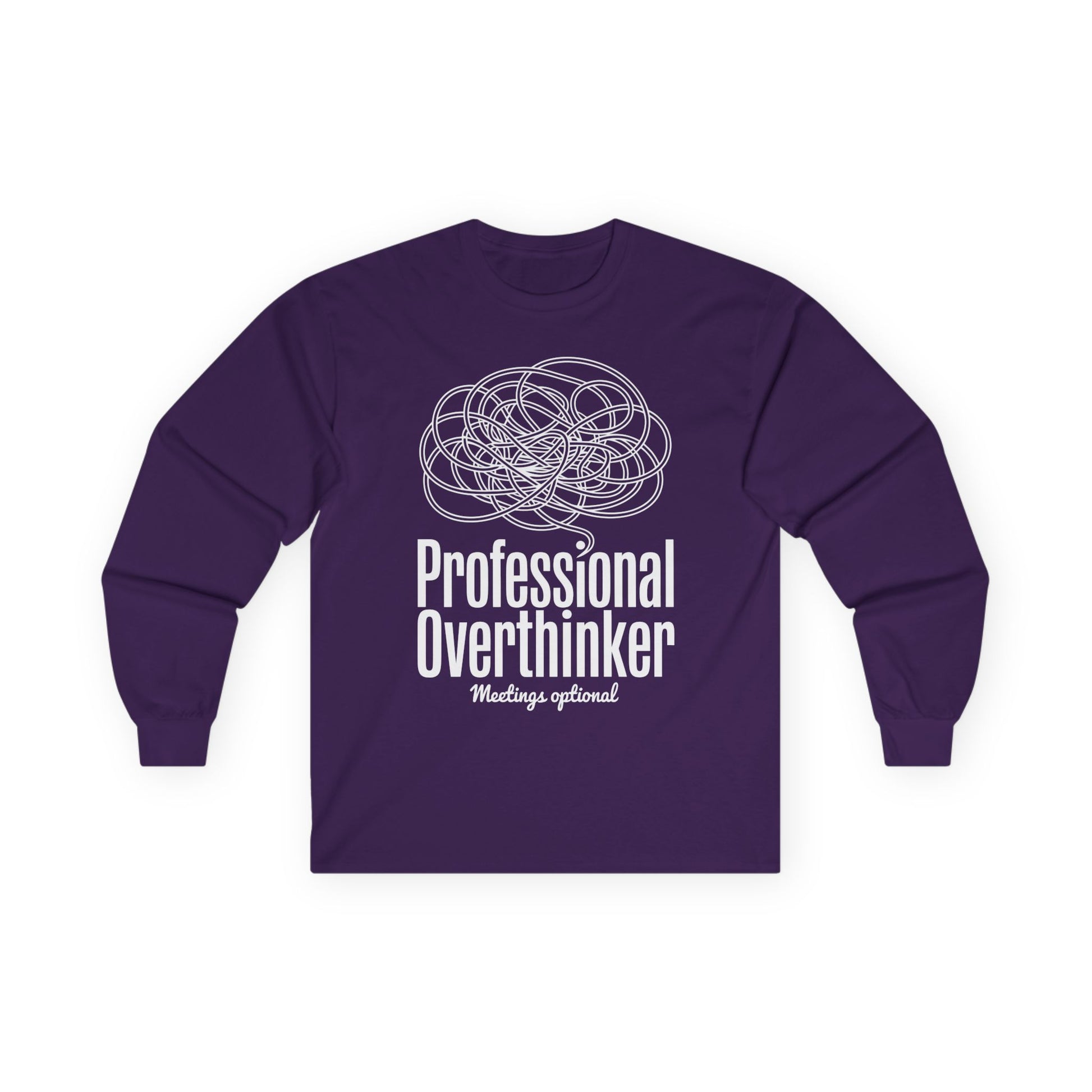 TEEZOCA professional overthinker funny unisex long-sleeve t-shirt Purple long-sleeve shirt with 'Professional Overthinker Meetings Optional' text and abstract design on a white background