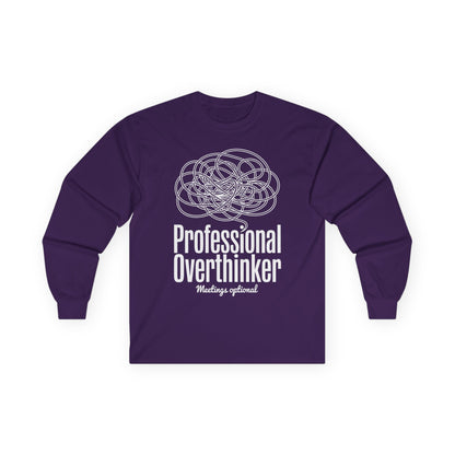 TEEZOCA professional overthinker funny unisex long-sleeve t-shirt Purple long-sleeve shirt with 'Professional Overthinker Meetings Optional' text and abstract design on a white background