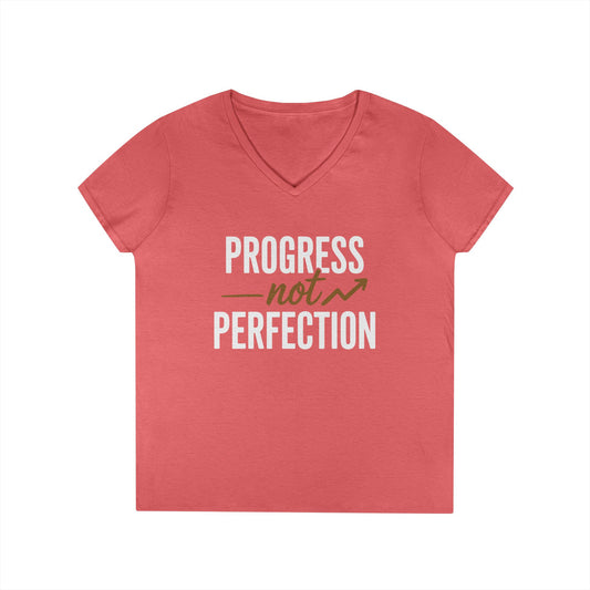 Progress Not Perfection Motivational Quote V-Neck T-Shirt | TEEZOCA 