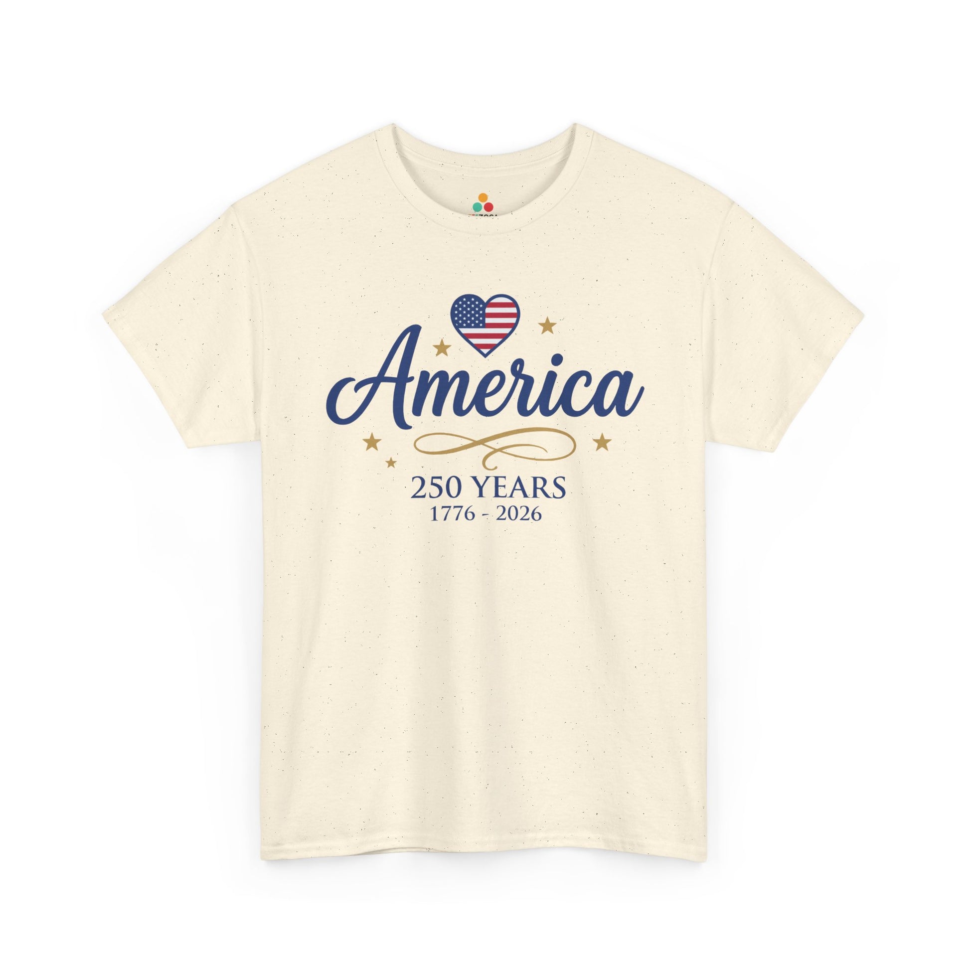 TEEZOCA proud american t shirt with elegant patriotic shirt styling, flag heart graphic, gold accents, and America 250 years text.
