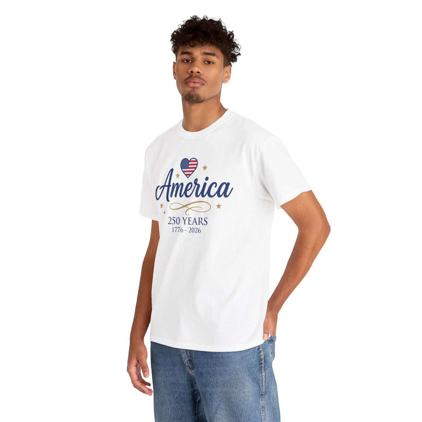 TEEZOCA proud to be american shirt t-shirt featuring a navy America script, flag heart, gold flourish, and 250th anniversary design.
