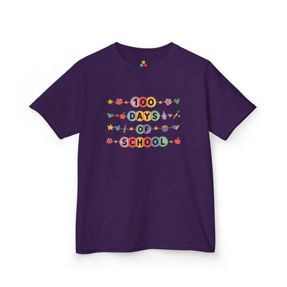 TEEZOCA purple “100 Days of School” colorful milestone tee shown flat.