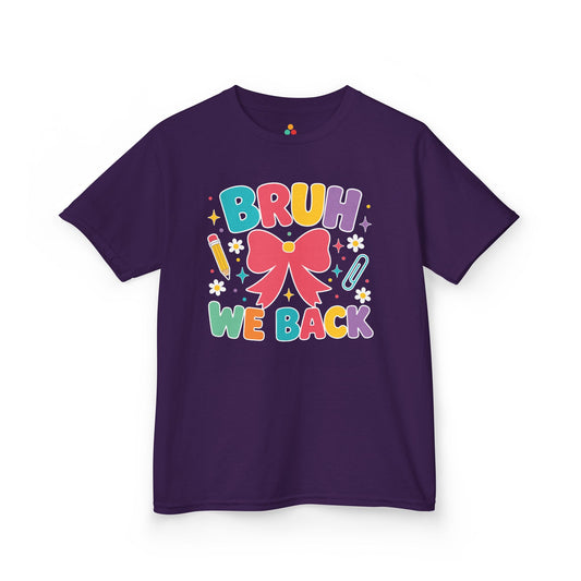 TEEZOCA purple Bruh We Back kids shirt laid flat, cute coquette lettering with a bow and school doodles, a funny back to school tee.
