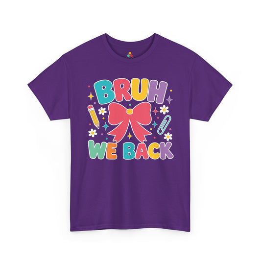 TEEZOCA purple Bruh We Back shirt laid flat, cute coquette lettering with a bow and school doodles, a funny back to school tee.
