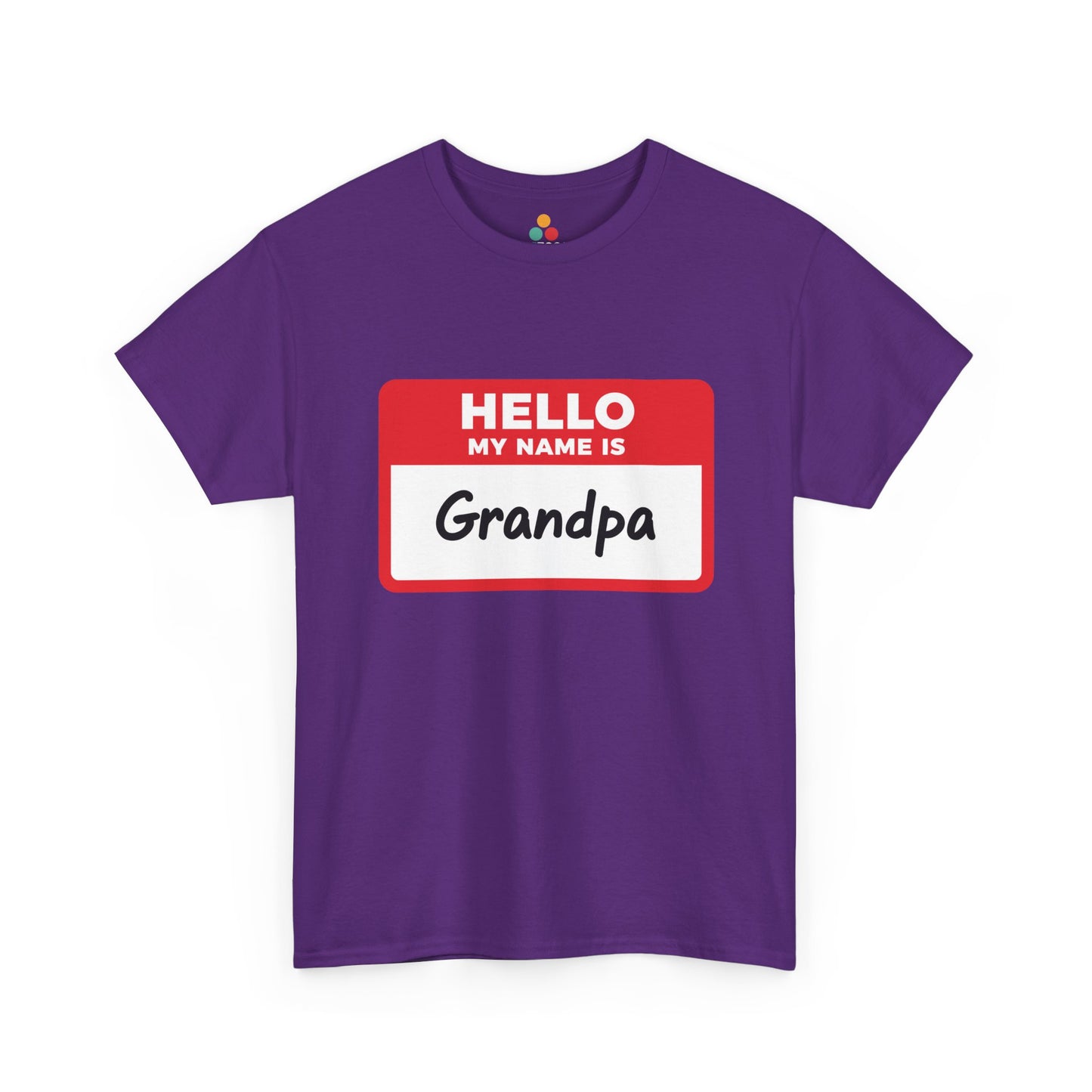 TEEZOCA purple “Hello My Name Is Grandpa” novelty name tag t-shirt shown flat.