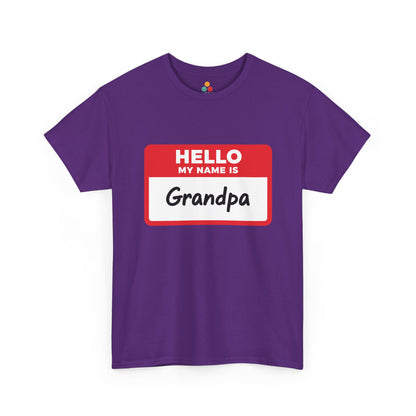 TEEZOCA purple “Hello My Name Is Grandpa” novelty name tag t-shirt shown flat.