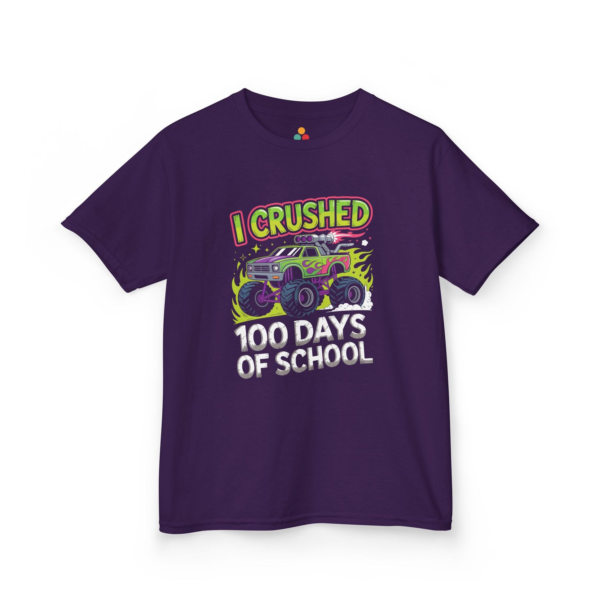 TEEZOCA purple “I Crushed 100 Days Of School” fun monster truck school milestone t‑shirt.