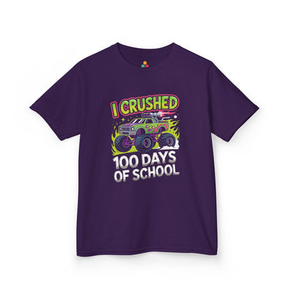 TEEZOCA purple “I Crushed 100 Days Of School” fun monster truck school milestone t‑shirt.