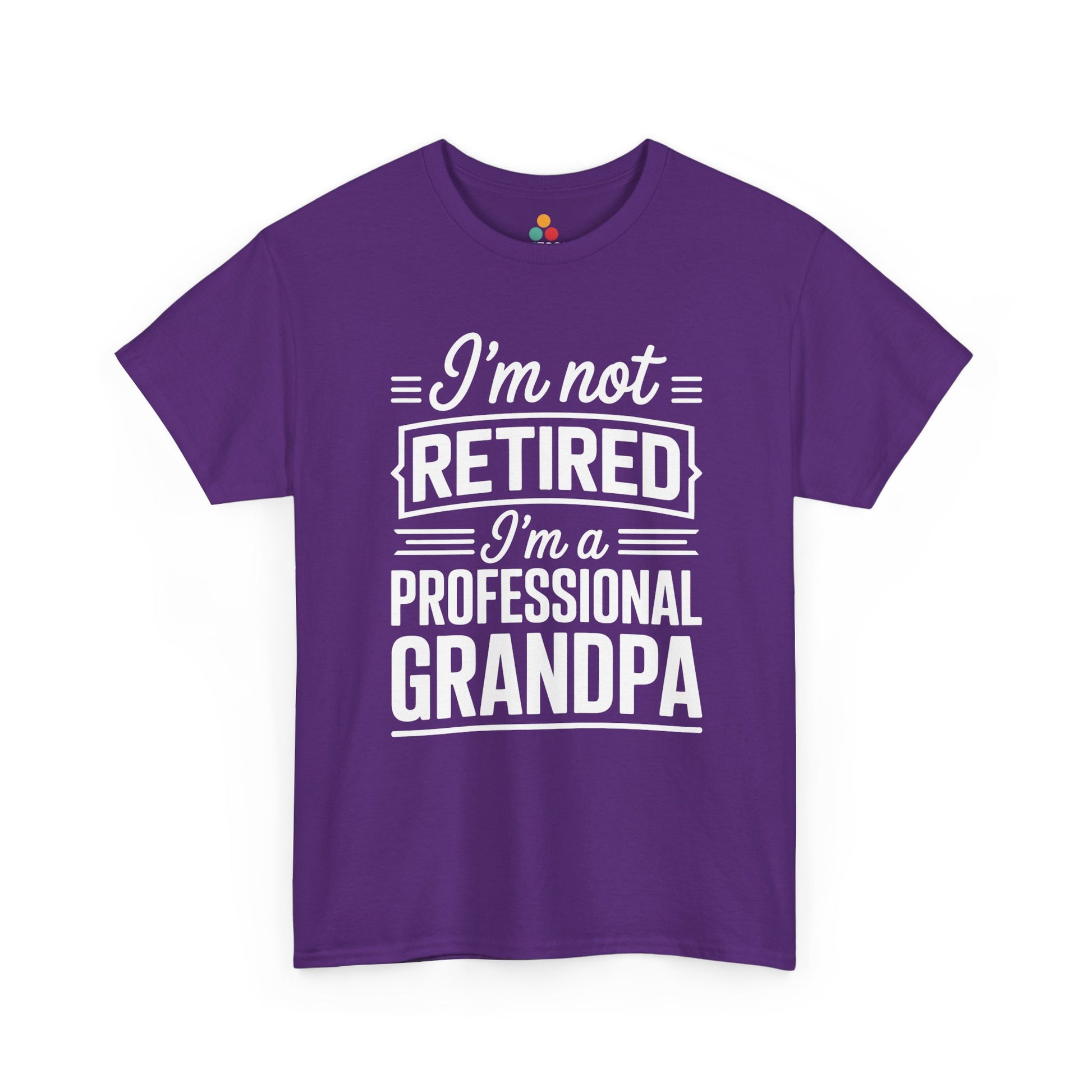 TEEZOCA purple “Not retired” funny grandpa T-shirt flat.