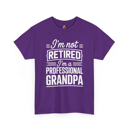 TEEZOCA purple “Not retired” funny grandpa T-shirt flat.