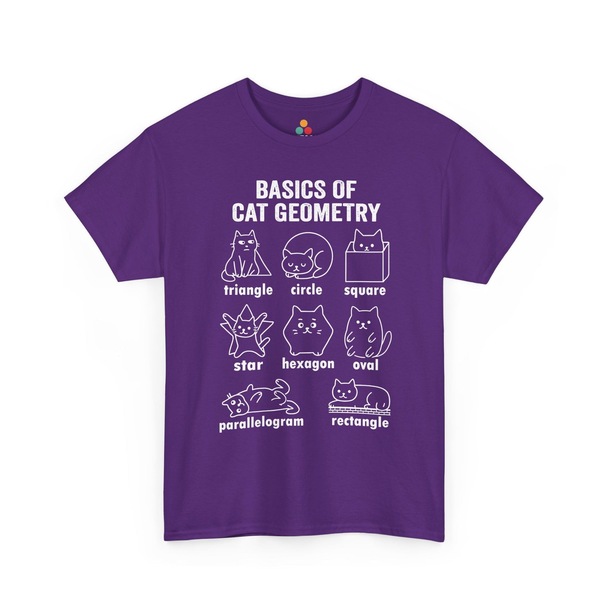 TEEZOCA purple funny cat geometry graphic T-shirt, flat lay showing full design. Cat Geometry Funny Math Shapes Teacher Student Lover Dad Mom Back School T-Shirt