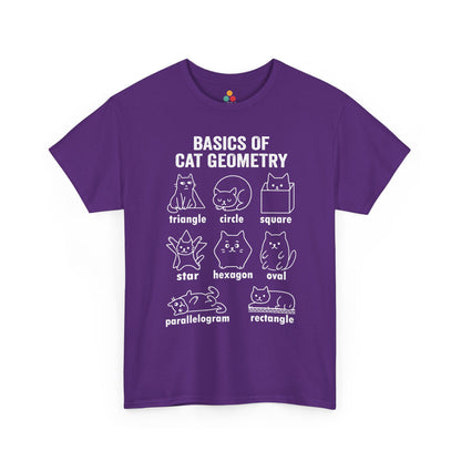 TEEZOCA purple funny cat geometry graphic T-shirt, flat lay showing full design. Cat Geometry Funny Math Shapes Teacher Student Lover Dad Mom Back School T-Shirt